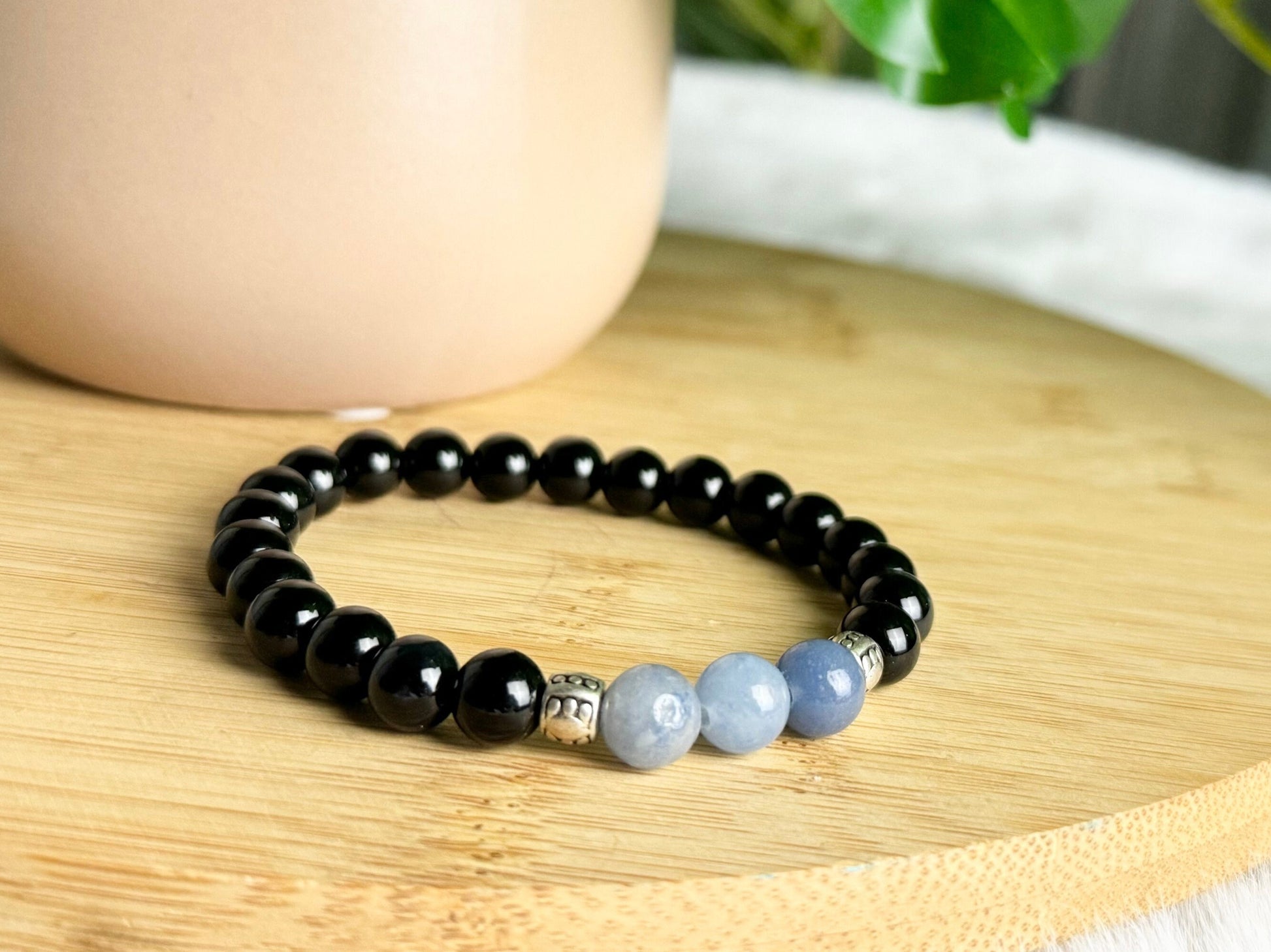 Angelite bracelet, natural stone bracelet for serenity, peace, and calmness, 8mm blue and black beaded bracelets, bracelets for men/women