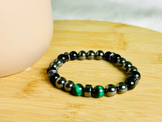 Green Tiger’s eye bracelet, Natural Stone Bracelets for Anxiety, 8mm Black Onyx, Hematite Stretchy Beaded Bracelets For Men/Women,