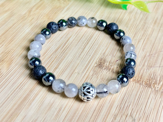 Handmade Agate Stretchy beaded bracelet, black and white dragon vein agate, hematite, and lava gemstones Bracelets gift For women/men