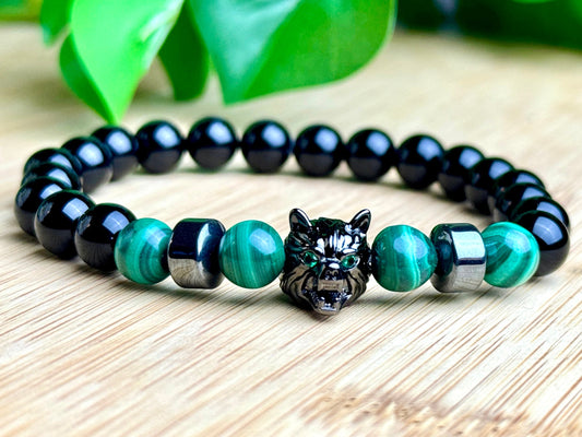 Wolf head Malachite and black onyx bracelet, Natural gemstone yoga, meditation boho Bracelet, Stretchy green/black Beaded men’s Bracelets