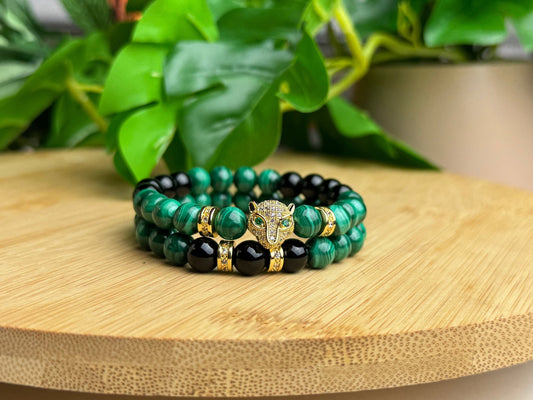 Handmade malachite leopard head goddess bracelet set(2), green and gold gemstone Bracelets, female empowerment bracelet gift For wife/mother