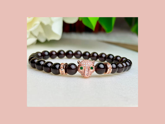 Handmade Beaded Garnet Bracelet with Rose Gold Panther Head Charm and Green Crystal Eyes - Unique Beaded Gemstone Statement Jewelry for Her,