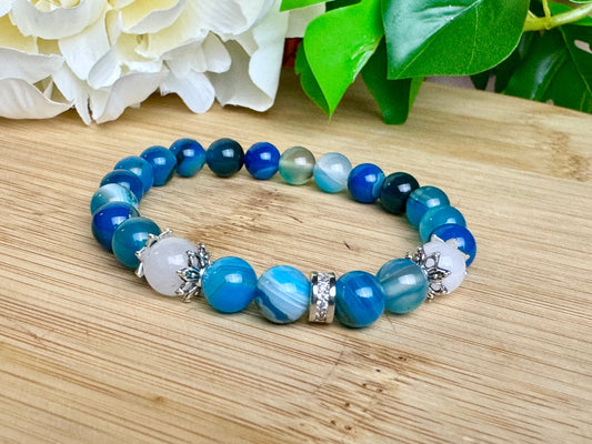 Handcrafted Blue Agate Gemstone Bracelet with Silver Accents and Crystal Embellishments - Elegant Artisan Jewelry, white Jade Bracelet/her