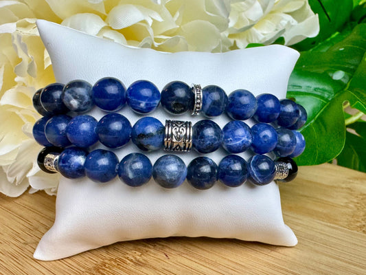 Triple-Strand Sodalite Beaded Bracelet Set - Handcrafted Gemstone Jewelry, unisex Blue Stone Layering Bracelets with Silver Accents,