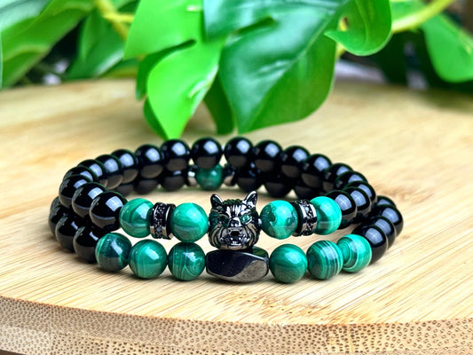 Handmade Viking wolf head malachite beaded bracelet set, 2 Stacking boho gemstone Bracelets, anti anxiety bracelet gift For men, son/husband