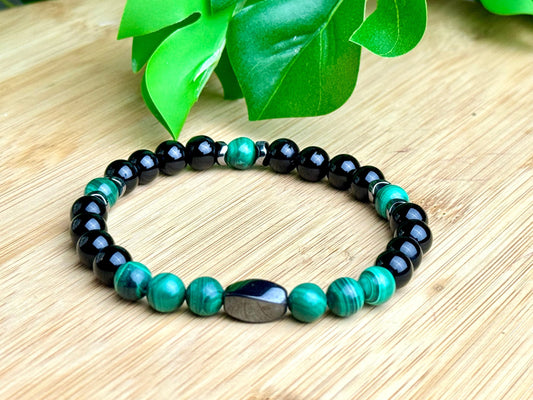 Malachite and black onyx bracelet, Natural gemstone yoga, meditation boho Bracelet, Stretchy green/black Beaded Bracelets Gift For Men/Women