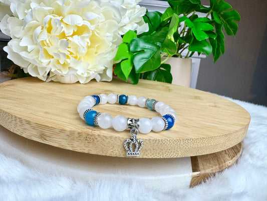 Handmade Crown Charm Bracelet With Silver Accents - White Jade and Blue Agate Adjustable Crystal Gemstone Jewelry for Women" gift for her.